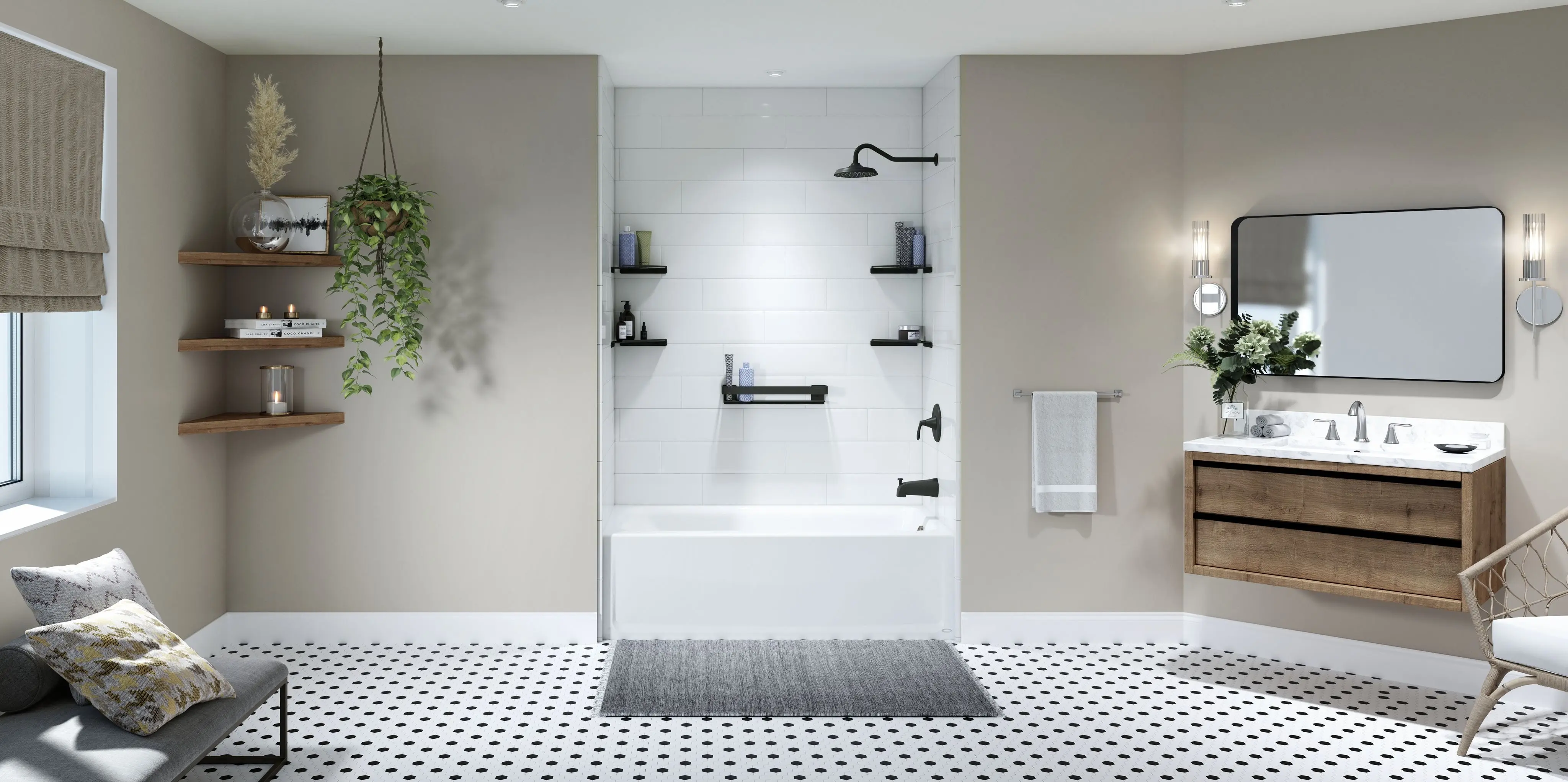 Luxury shower remodel with wood-look tile walls and corner seat – Niagara region